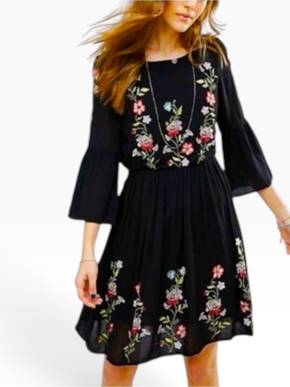 Junarose Bohemian Floral Black Embroidered 3/4 Sleeve Size 14 Knee Length Dress